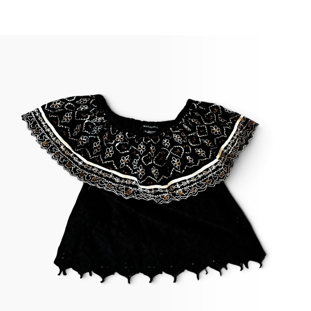 Hemant & Nandita Top XS Black Embroidered Eyelet Boho Off Shoulder Sequin